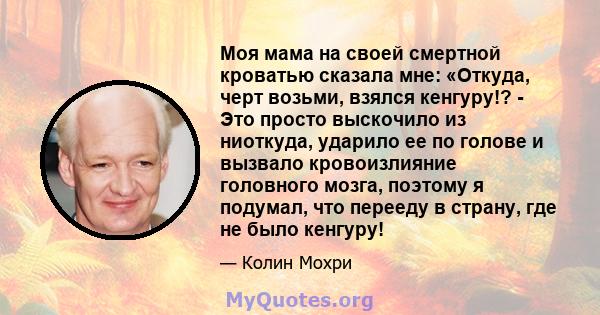 Моя мама на своей смертной кроватью сказала мне: «Откуда, черт возьми, взялся кенгуру!? - Это просто выскочило из ниоткуда, ударило ее по голове и вызвало кровоизлияние головного мозга, поэтому я подумал, что перееду в