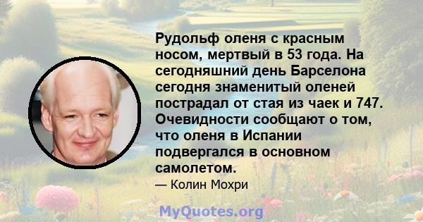 Рудольф оленя с красным носом, мертвый в 53 года. На сегодняшний день Барселона сегодня знаменитый оленей пострадал от стая из чаек и 747. Очевидности сообщают о том, что оленя в Испании подвергался в основном самолетом.