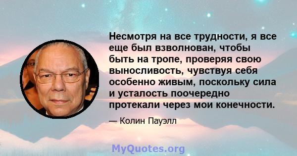 Несмотря на все трудности, я все еще был взволнован, чтобы быть на тропе, проверяя свою выносливость, чувствуя себя особенно живым, поскольку сила и усталость поочередно протекали через мои конечности.