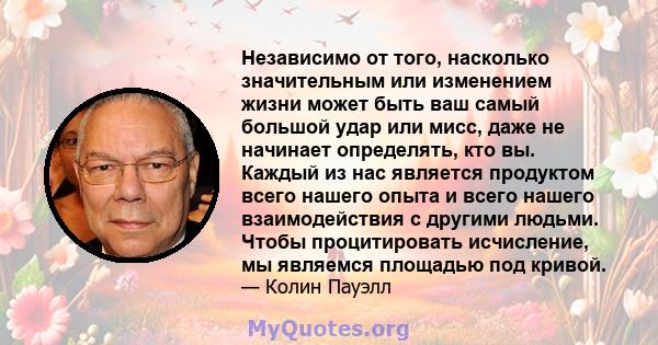 Независимо от того, насколько значительным или изменением жизни может быть ваш самый большой удар или мисс, даже не начинает определять, кто вы. Каждый из нас является продуктом всего нашего опыта и всего нашего