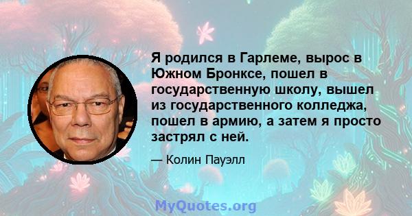 Я родился в Гарлеме, вырос в Южном Бронксе, пошел в государственную школу, вышел из государственного колледжа, пошел в армию, а затем я просто застрял с ней.