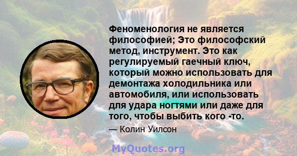 Феноменология не является философией; Это философский метод, инструмент. Это как регулируемый гаечный ключ, который можно использовать для демонтажа холодильника или автомобиля, или использовать для удара ногтями или