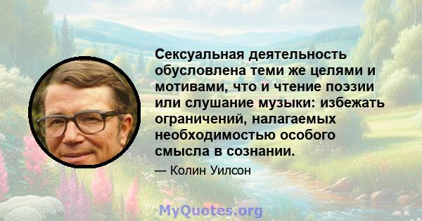 Сексуальная деятельность обусловлена ​​теми же целями и мотивами, что и чтение поэзии или слушание музыки: избежать ограничений, налагаемых необходимостью особого смысла в сознании.