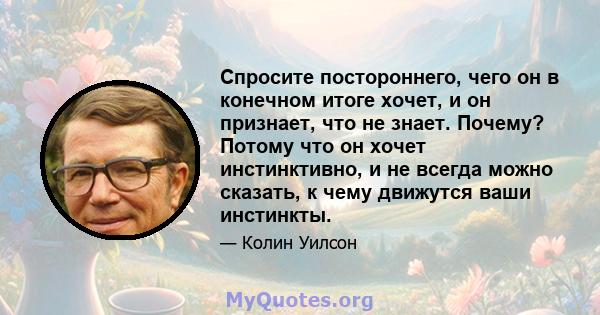 Спросите постороннего, чего он в конечном итоге хочет, и он признает, что не знает. Почему? Потому что он хочет инстинктивно, и не всегда можно сказать, к чему движутся ваши инстинкты.