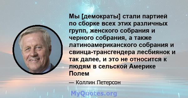 Мы [демократы] стали партией по сборке всех этих различных групп, женского собрания и черного собрания, а также латиноамериканского собрания и свинца-трансгендера лесбиянок и так далее, и это не относится к людям в