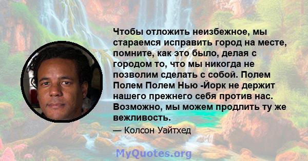 Чтобы отложить неизбежное, мы стараемся исправить город на месте, помните, как это было, делая с городом то, что мы никогда не позволим сделать с собой. Полем Полем Полем Нью -Йорк не держит нашего прежнего себя против