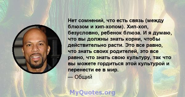 Нет сомнений, что есть связь (между блюзом и хип-хопом). Хип-хоп, безусловно, ребенок блюза. И я думаю, что вы должны знать корни, чтобы действительно расти. Это все равно, что знать своих родителей, это все равно, что