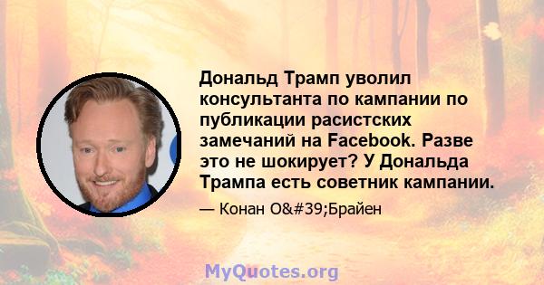 Дональд Трамп уволил консультанта по кампании по публикации расистских замечаний на Facebook. Разве это не шокирует? У Дональда Трампа есть советник кампании.