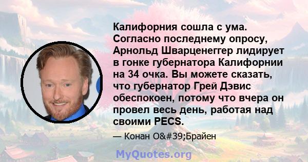 Калифорния сошла с ума. Согласно последнему опросу, Арнольд Шварценеггер лидирует в гонке губернатора Калифорнии на 34 очка. Вы можете сказать, что губернатор Грей Дэвис обеспокоен, потому что вчера он провел весь день, 