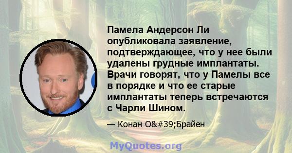 Памела Андерсон Ли опубликовала заявление, подтверждающее, что у нее были удалены грудные имплантаты. Врачи говорят, что у Памелы все в порядке и что ее старые имплантаты теперь встречаются с Чарли Шином.