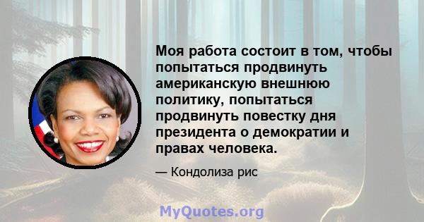 Моя работа состоит в том, чтобы попытаться продвинуть американскую внешнюю политику, попытаться продвинуть повестку дня президента о демократии и правах человека.