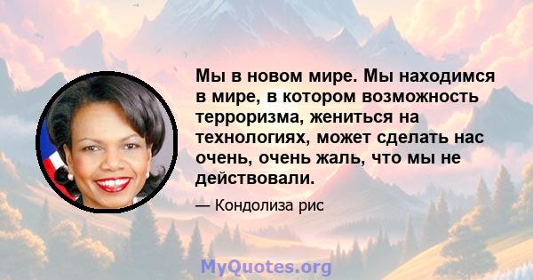 Мы в новом мире. Мы находимся в мире, в котором возможность терроризма, жениться на технологиях, может сделать нас очень, очень жаль, что мы не действовали.