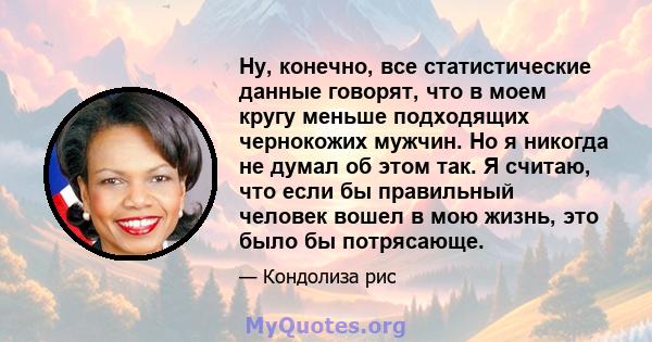 Ну, конечно, все статистические данные говорят, что в моем кругу меньше подходящих чернокожих мужчин. Но я никогда не думал об этом так. Я считаю, что если бы правильный человек вошел в мою жизнь, это было бы потрясающе.