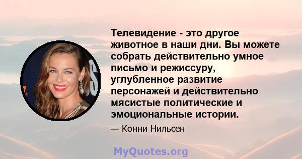 Телевидение - это другое животное в наши дни. Вы можете собрать действительно умное письмо и режиссуру, углубленное развитие персонажей и действительно мясистые политические и эмоциональные истории.