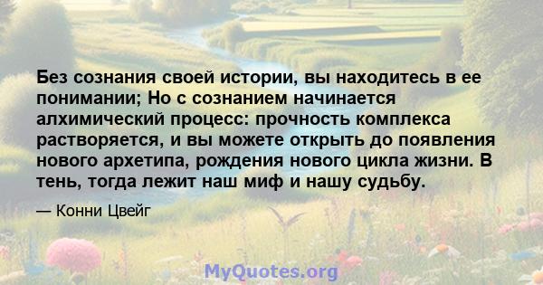 Без сознания своей истории, вы находитесь в ее понимании; Но с сознанием начинается алхимический процесс: прочность комплекса растворяется, и вы можете открыть до появления нового архетипа, рождения нового цикла жизни.