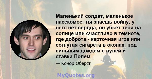 Маленький солдат, маленькое насекомое, ты знаешь войну, у него нет сердца, он убьет тебя на солнце или счастливо в темноте, где доброта - карточная игра или согнутая сигарета в окопах, под сильным дождем с пулей и