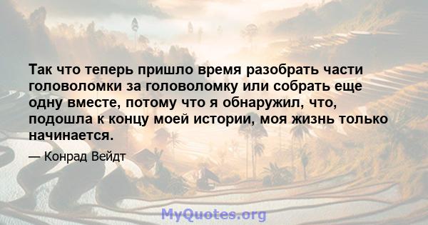 Так что теперь пришло время разобрать части головоломки за головоломку или собрать еще одну вместе, потому что я обнаружил, что, подошла к концу моей истории, моя жизнь только начинается.