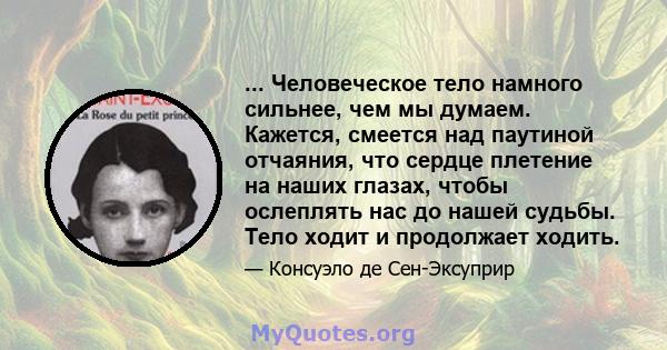 ... Человеческое тело намного сильнее, чем мы думаем. Кажется, смеется над паутиной отчаяния, что сердце плетение на наших глазах, чтобы ослеплять нас до нашей судьбы. Тело ходит и продолжает ходить.