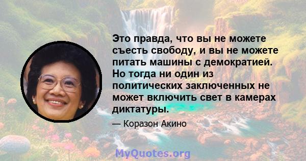 Это правда, что вы не можете съесть свободу, и вы не можете питать машины с демократией. Но тогда ни один из политических заключенных не может включить свет в камерах диктатуры.