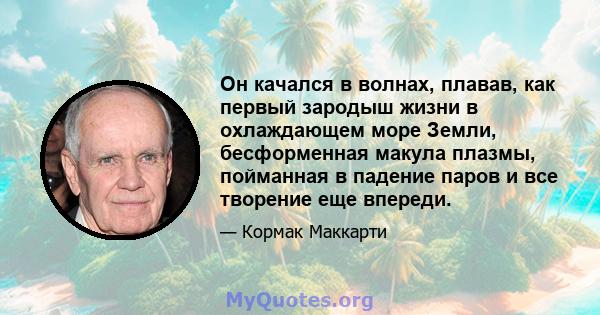 Он качался в волнах, плавав, как первый зародыш жизни в охлаждающем море Земли, бесформенная макула плазмы, пойманная в падение паров и все творение еще впереди.