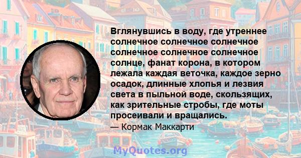 Вглянувшись в воду, где утреннее солнечное солнечное солнечное солнечное солнечное солнечное солнце, фанат корона, в котором лежала каждая веточка, каждое зерно осадок, длинные хлопья и лезвия света в пыльной воде,