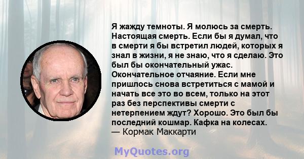 Я жажду темноты. Я молюсь за смерть. Настоящая смерть. Если бы я думал, что в смерти я бы встретил людей, которых я знал в жизни, я не знаю, что я сделаю. Это был бы окончательный ужас. Окончательное отчаяние. Если мне