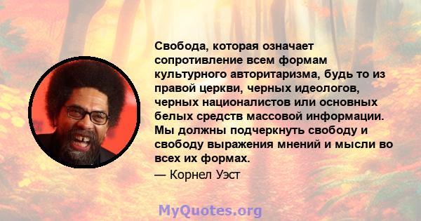 Свобода, которая означает сопротивление всем формам культурного авторитаризма, будь то из правой церкви, черных идеологов, черных националистов или основных белых средств массовой информации. Мы должны подчеркнуть