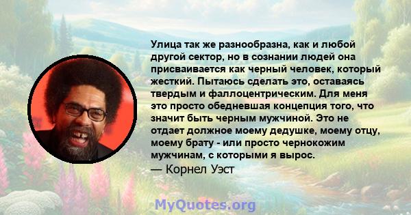 Улица так же разнообразна, как и любой другой сектор, но в сознании людей она присваивается как черный человек, который жесткий. Пытаюсь сделать это, оставаясь твердым и фаллоцентрическим. Для меня это просто обедневшая 