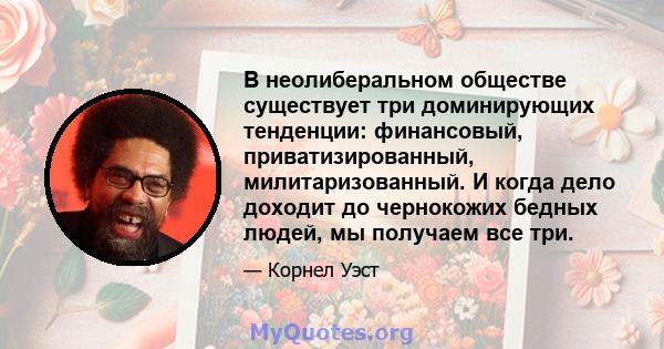 В неолиберальном обществе существует три доминирующих тенденции: финансовый, приватизированный, милитаризованный. И когда дело доходит до чернокожих бедных людей, мы получаем все три.