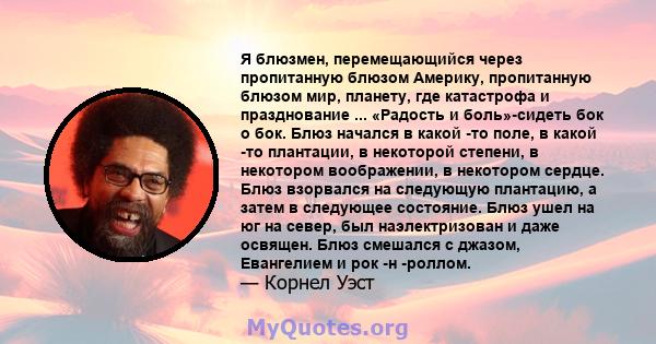 Я блюзмен, перемещающийся через пропитанную блюзом Америку, пропитанную блюзом мир, планету, где катастрофа и празднование ... «Радость и боль»-сидеть бок о бок. Блюз начался в какой -то поле, в какой -то плантации, в