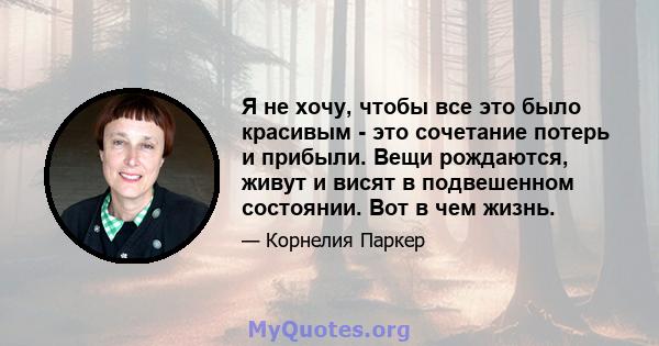 Я не хочу, чтобы все это было красивым - это сочетание потерь и прибыли. Вещи рождаются, живут и висят в подвешенном состоянии. Вот в чем жизнь.