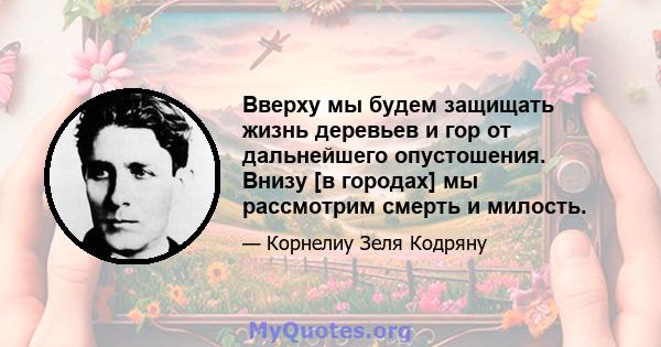 Вверху мы будем защищать жизнь деревьев и гор от дальнейшего опустошения. Внизу [в городах] мы рассмотрим смерть и милость.