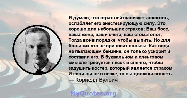 Я думаю, что страх нейтрализует алкоголь, ослабляет его анестезирующую силу. Это хорошо для небольших страхов; Ваш босс, ваша жена, ваши счета, ваш стоматолог; Тогда все в порядке, чтобы выпить. Но для больших это не