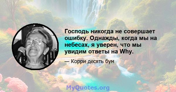 Господь никогда не совершает ошибку. Однажды, когда мы на небесах, я уверен, что мы увидим ответы на Why.