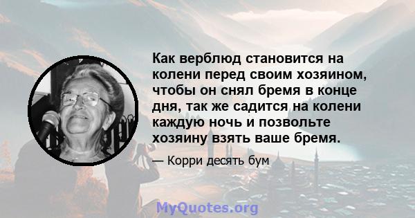 Как верблюд становится на колени перед своим хозяином, чтобы он снял бремя в конце дня, так же садится на колени каждую ночь и позвольте хозяину взять ваше бремя.