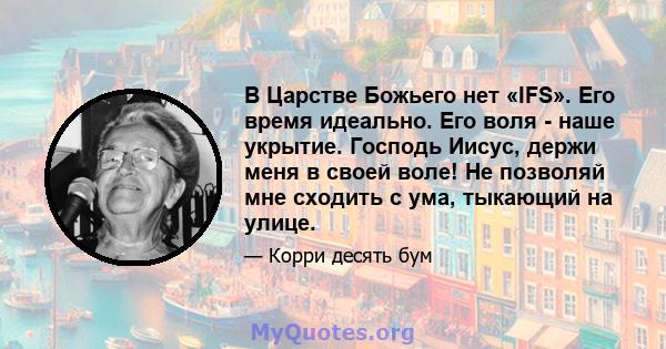 В Царстве Божьего нет «IFS». Его время идеально. Его воля - наше укрытие. Господь Иисус, держи меня в своей воле! Не позволяй мне сходить с ума, тыкающий на улице.