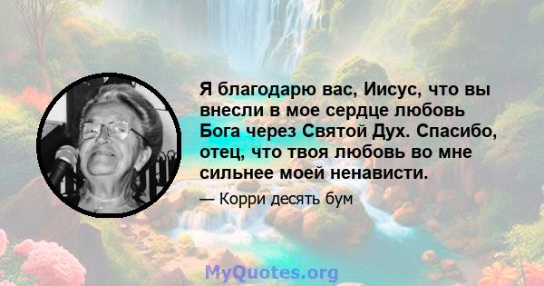 Я благодарю вас, Иисус, что вы внесли в мое сердце любовь Бога через Святой Дух. Спасибо, отец, что твоя любовь во мне сильнее моей ненависти.