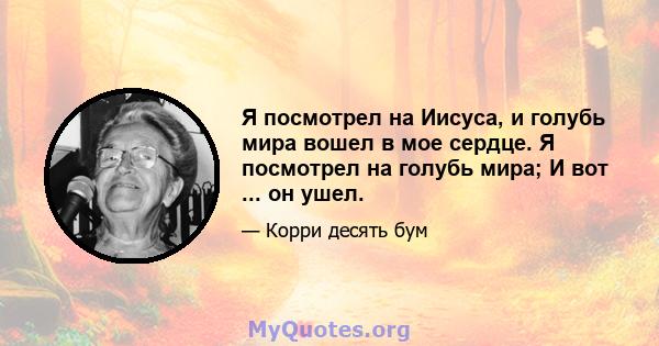 Я посмотрел на Иисуса, и голубь мира вошел в мое сердце. Я посмотрел на голубь мира; И вот ... он ушел.