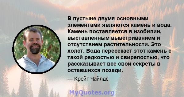 В пустыне двумя основными элементами являются камень и вода. Камень поставляется в изобилии, выставленным выветриванием и отсутствием растительности. Это холст. Вода пересекает этот камень с такой редкостью и