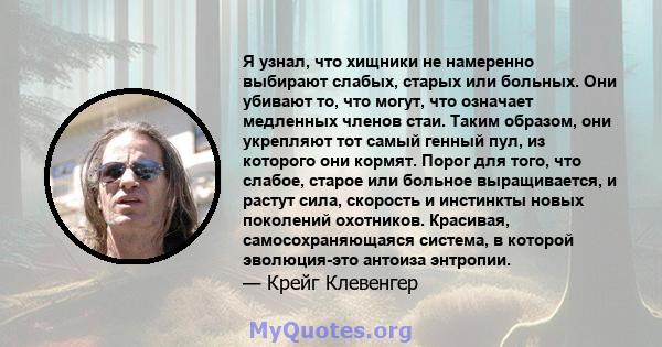 Я узнал, что хищники не намеренно выбирают слабых, старых или больных. Они убивают то, что могут, что означает медленных членов стаи. Таким образом, они укрепляют тот самый генный пул, из которого они кормят. Порог для