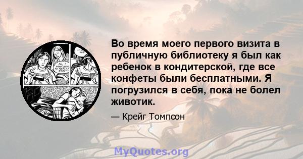 Во время моего первого визита в публичную библиотеку я был как ребенок в кондитерской, где все конфеты были бесплатными. Я погрузился в себя, пока не болел животик.