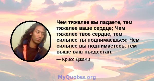 Чем тяжелее вы падаете, тем тяжелее ваше сердце; Чем тяжелее твое сердце, тем сильнее ты поднимаешься; Чем сильнее вы поднимаетесь, тем выше ваш пьедестал.