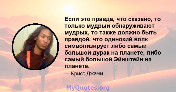 Если это правда, что сказано, то только мудрый обнаруживают мудрых, то также должно быть правдой, что одинокий волк символизирует либо самый большой дурак на планете, либо самый большой Эйнштейн на планете.