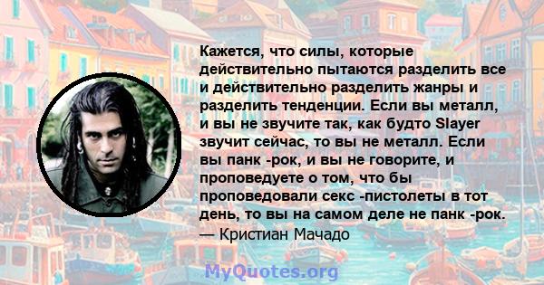 Кажется, что силы, которые действительно пытаются разделить все и действительно разделить жанры и разделить тенденции. Если вы металл, и вы не звучите так, как будто Slayer звучит сейчас, то вы не металл. Если вы панк