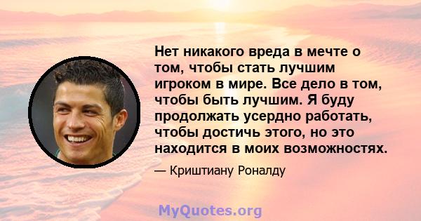 Нет никакого вреда в мечте о том, чтобы стать лучшим игроком в мире. Все дело в том, чтобы быть лучшим. Я буду продолжать усердно работать, чтобы достичь этого, но это находится в моих возможностях.