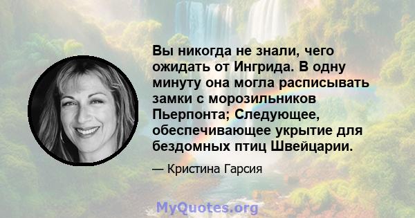 Вы никогда не знали, чего ожидать от Ингрида. В одну минуту она могла расписывать замки с морозильников Пьерпонта; Следующее, обеспечивающее укрытие для бездомных птиц Швейцарии.