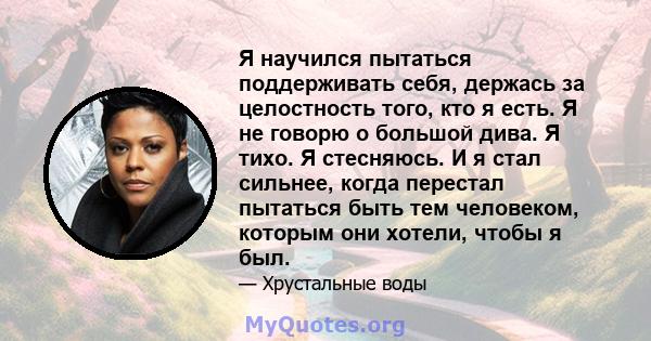 Я научился пытаться поддерживать себя, держась за целостность того, кто я есть. Я не говорю о большой дива. Я тихо. Я стесняюсь. И я стал сильнее, когда перестал пытаться быть тем человеком, которым они хотели, чтобы я