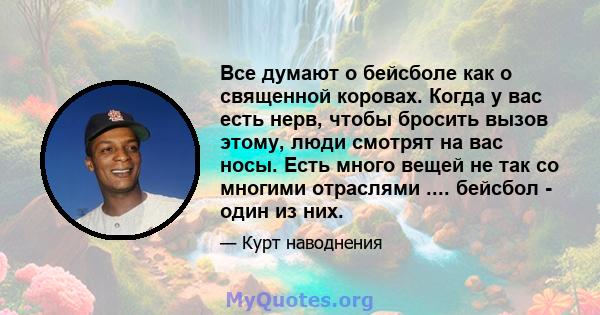 Все думают о бейсболе как о священной коровах. Когда у вас есть нерв, чтобы бросить вызов этому, люди смотрят на вас носы. Есть много вещей не так со многими отраслями .... бейсбол - один из них.