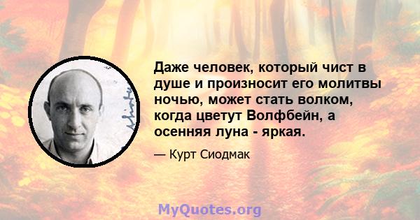 Даже человек, который чист в душе и произносит его молитвы ночью, может стать волком, когда цветут Волфбейн, а осенняя луна - яркая.