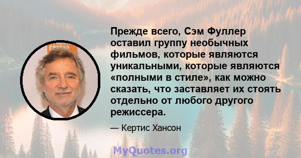 Прежде всего, Сэм Фуллер оставил группу необычных фильмов, которые являются уникальными, которые являются «полными в стиле», как можно сказать, что заставляет их стоять отдельно от любого другого режиссера.